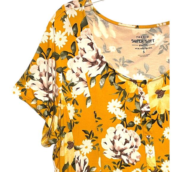 Torrid Super Soft Mustard Floral Top Womens 2X Fit & Flare Button Front Knit - Picture 3 of 9